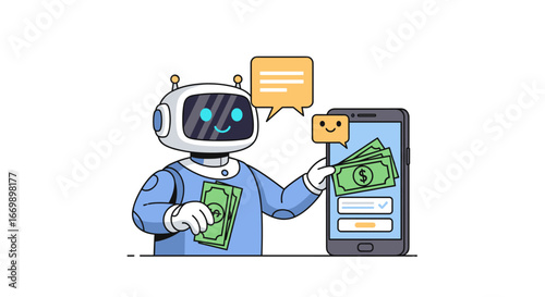 Robot Financial Advisor Illustration, Digital Vector Concept, Money Management, Mobile Banking App