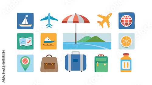 Travel icons vacation trip planning airplane luggage suitcase beach umbrella destination journey adventure globe