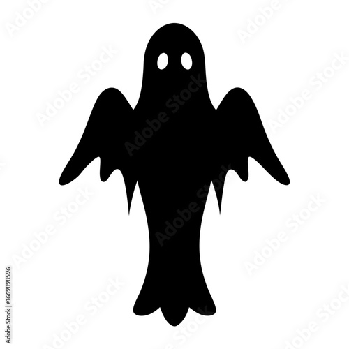 Black spooky Halloween ghost with glowing eyes on a white background