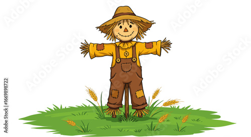 A smiling cartoon scarecrow with a hat on a grassy field wheat ears around