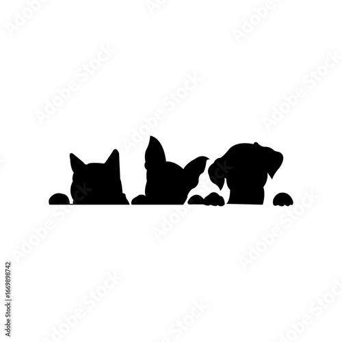 Adorable cat and dog silhouettes peek over the edge offering playful curiosity and endearing companionship