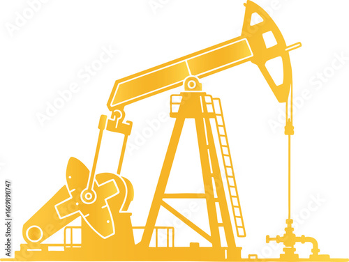 Golden oil pump jack silhouette, energy production vector