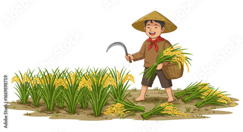 A smiling boy in a hat harvests rice in a field using a sickle