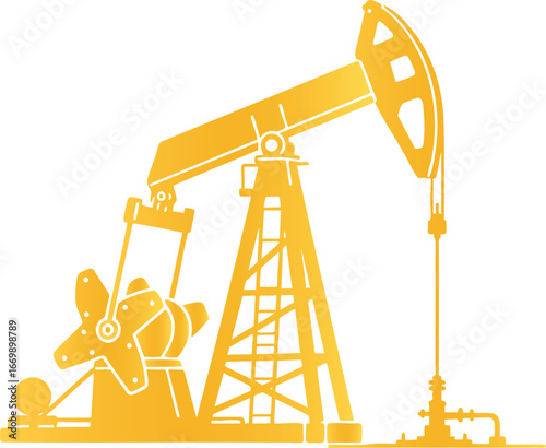 Oil drilling pump jack golden silhouette, vector design