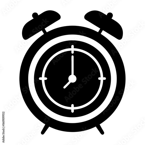 Classic alarm clock silhouette showing the time as ten minutes after twelve
