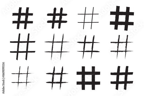 Hashtag hand drawn brush strokes set dirty art symbol icon sign isolated on white background. Black and white composition of the symbol hashtag.