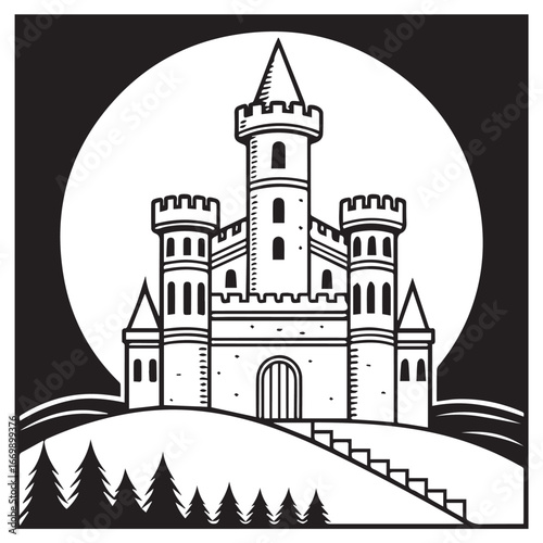 Majestic castle silhouetted against a large full moon on a hilltop with pine trees below