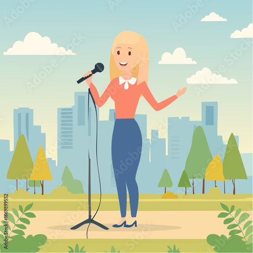 Beautiful blonde girl with microphone singing