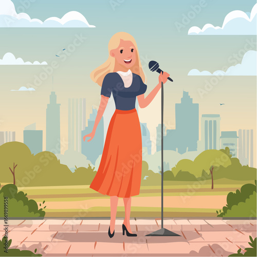 Beautiful blonde girl with microphone singing