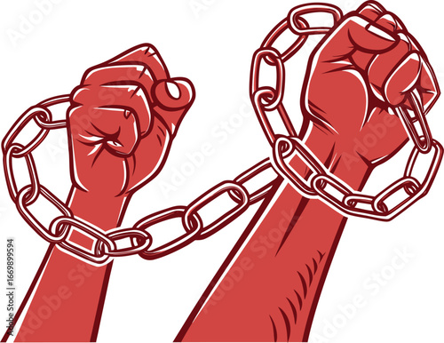 Vector art of two red fists breaking a chain, symbolizing freedom and strength