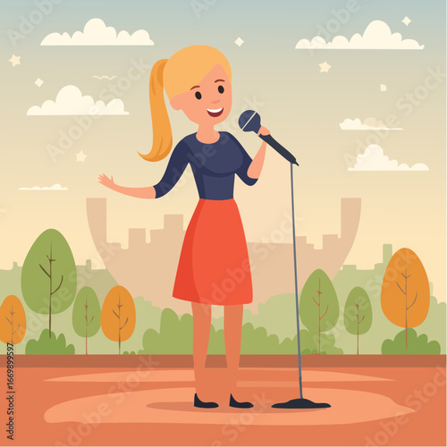 Beautiful blonde girl with microphone singing