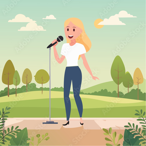 Beautiful blonde girl with microphone singing