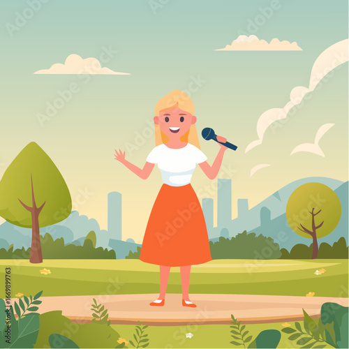 Beautiful blonde girl with microphone singing