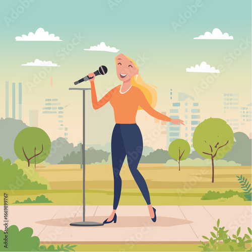 Beautiful blonde girl with microphone singing