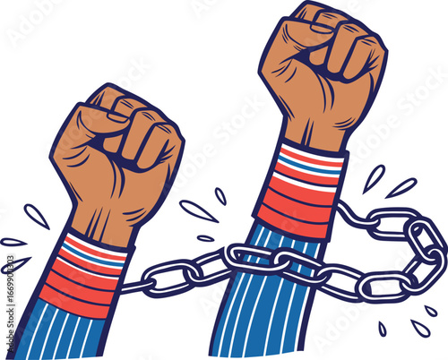 Vector art of fists breaking chains symbolizing freedom and liberation