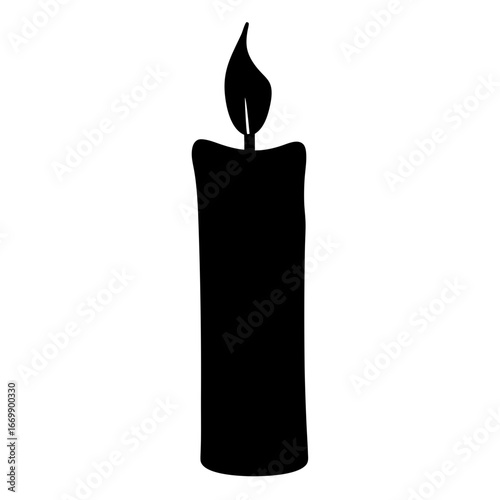 Silhouette of a single candle with a flickering flame against white backdrop