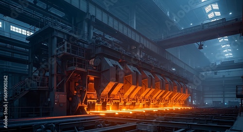 Massive steel mill interior showcasing a continuous casting machine with a glowing ingot.