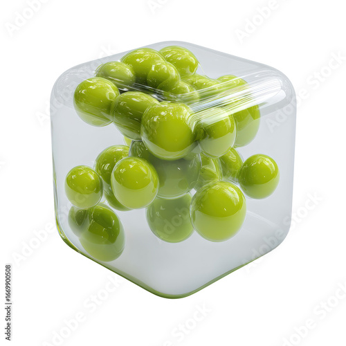 Green spheres encased in a clear, rounded square block, reflecting light
