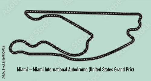 Miami Grand Prix circuit layout on green background. Modern Formula 1 track with dynamic curves and sleek design. Ideal for motorsport visuals.