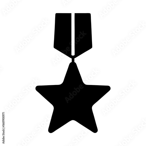 Simple Black Silhouette of a Five Pointed Star Medal on White Background