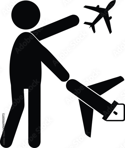 Stick figure playing with toy airplane