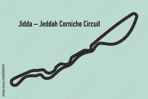 Race track map of Jeddah Corniche Circuit in Jidda, Saudi Arabia, modern Formula 1 street circuit layout isolated on light background.