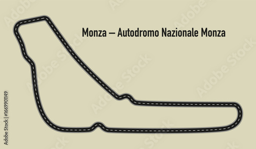Minimalist vector of Monza racing circuit. Iconic Italian track with high-speed straights and technical chicanes. Clean layout on neutral background.