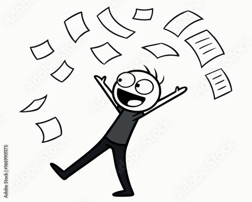 Vector art of happy cartoon character throwing papers in the air