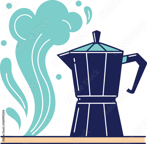 Vector art of blue moka pot steaming with blue smoke on a light brown surface