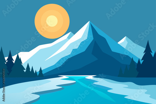 A cold winter landscape featuring snow-capped mountain peaks under a vast sky with clouds