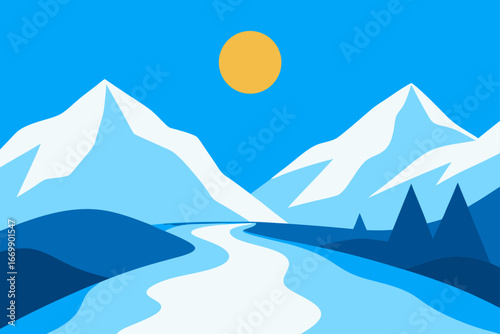 A stunning winter landscape showcasing snow-covered mountains under a blue sky
