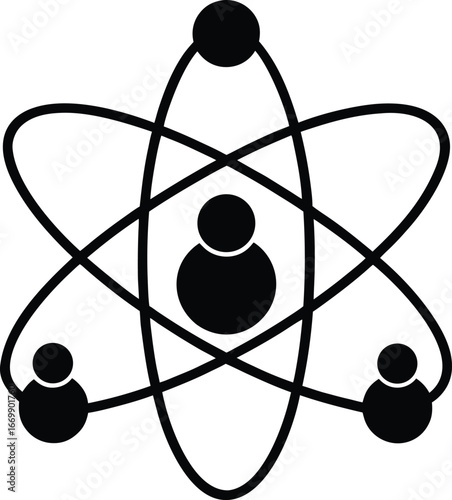 Black and white atom model with orbiting electrons