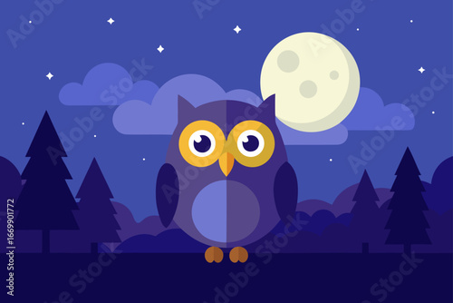 A cartoon baby owl perches on a snowy branch under a starry night sky