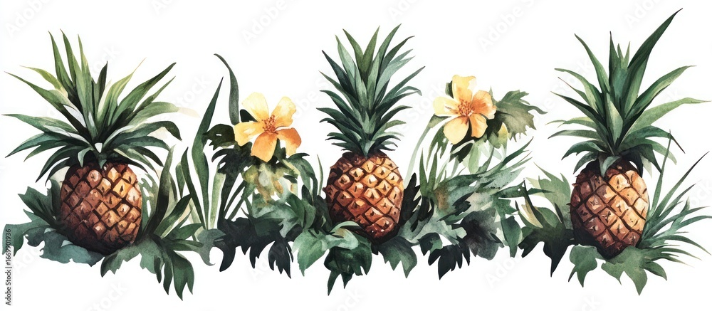 Fototapeta premium A row of pineapples interspersed with yellow flowers and green foliage.
