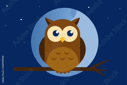 A wise cartoon owl couple sitting on a tree branch with a night sky and moon