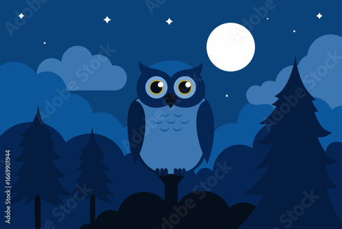 Vector cartoon illustration of a cute baby owl under the moon and stars at night