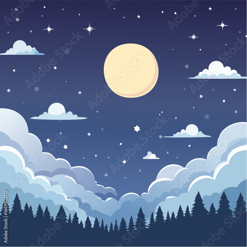 Dark starry night, cluds and full moon