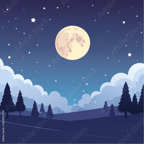 Dark starry night, cluds and full moon