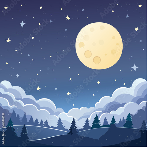 Dark starry night, cluds and full moon