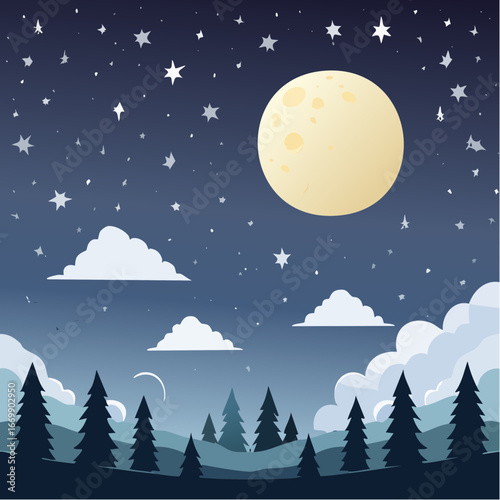 Dark starry night, cluds and full moon