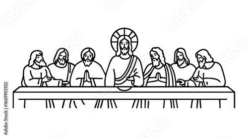 Quadro su tela Minimal black and white vector illustration of the Last Supper, depicting Jesus Christ with his twelve disciples at the table