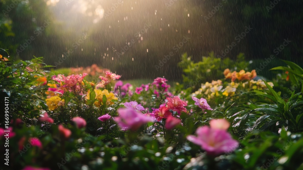 Obraz premium Vibrant rain-kissed garden blossoms in sunlit harmony