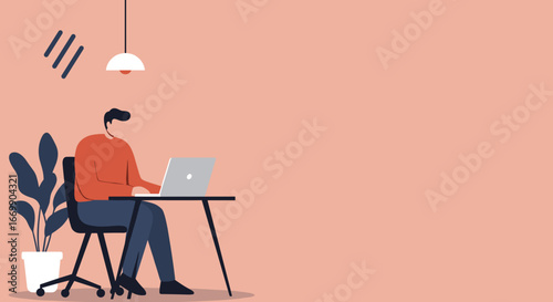 Man working on laptop at a minimalist home office desk. Illustrates remote work, productivity, and modern business lifestyle. Ideal for technology and work-from-home themes.