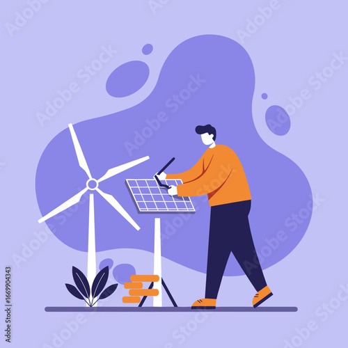 Engineer installing solar panel near wind turbine, representing clean energy solutions, sustainable development, and environmental conservation efforts.