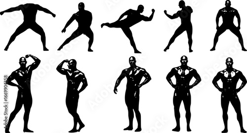 Set of muscular men and bodybuilder silhouettes in various fitness poses
