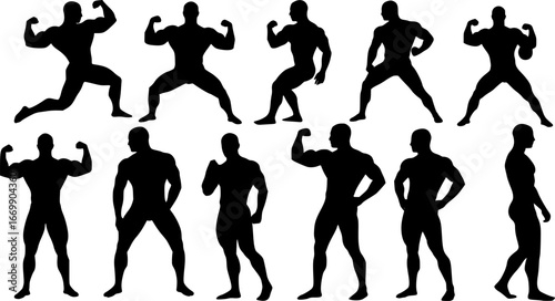Set of muscular men and bodybuilder silhouettes in various fitness poses
