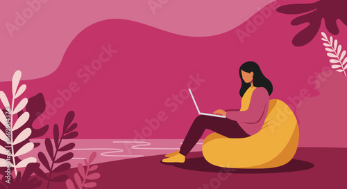Woman relaxing on a bean bag chair, working on her laptop in a vibrant, nature-inspired abstract setting. Represents remote work, comfort, and productivity.