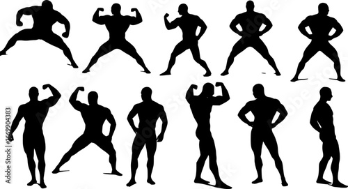 Set of muscular men and bodybuilder silhouettes in various fitness poses
