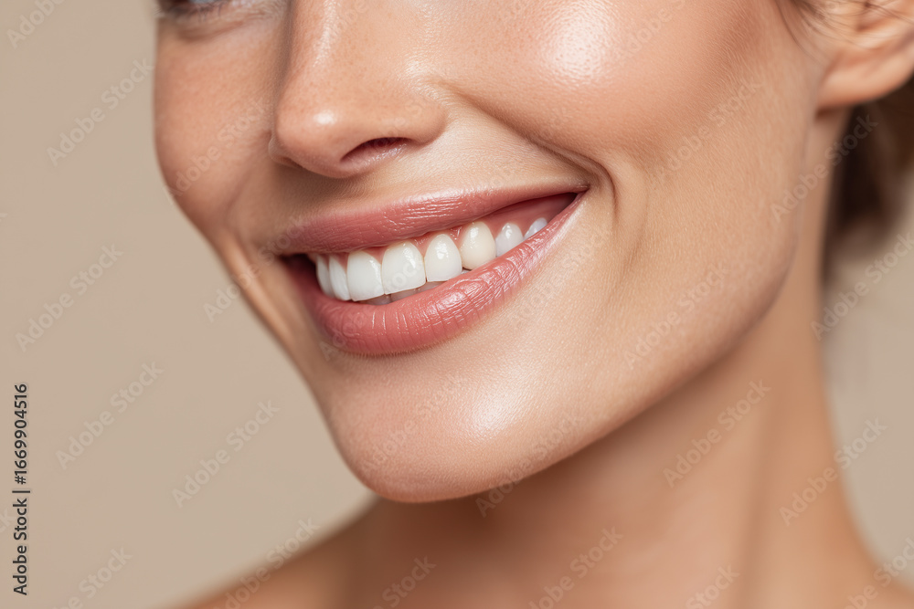 Obraz premium Close-up of a beautiful woman’s radiant smile showcasing healthy white teeth and smooth skin