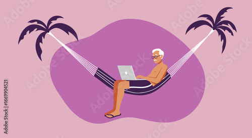 An older man works remotely on a laptop while relaxing in a hammock between palm trees. Ideal for themes of retirement, digital nomad, remote work, tropical vacation, or financial freedom.